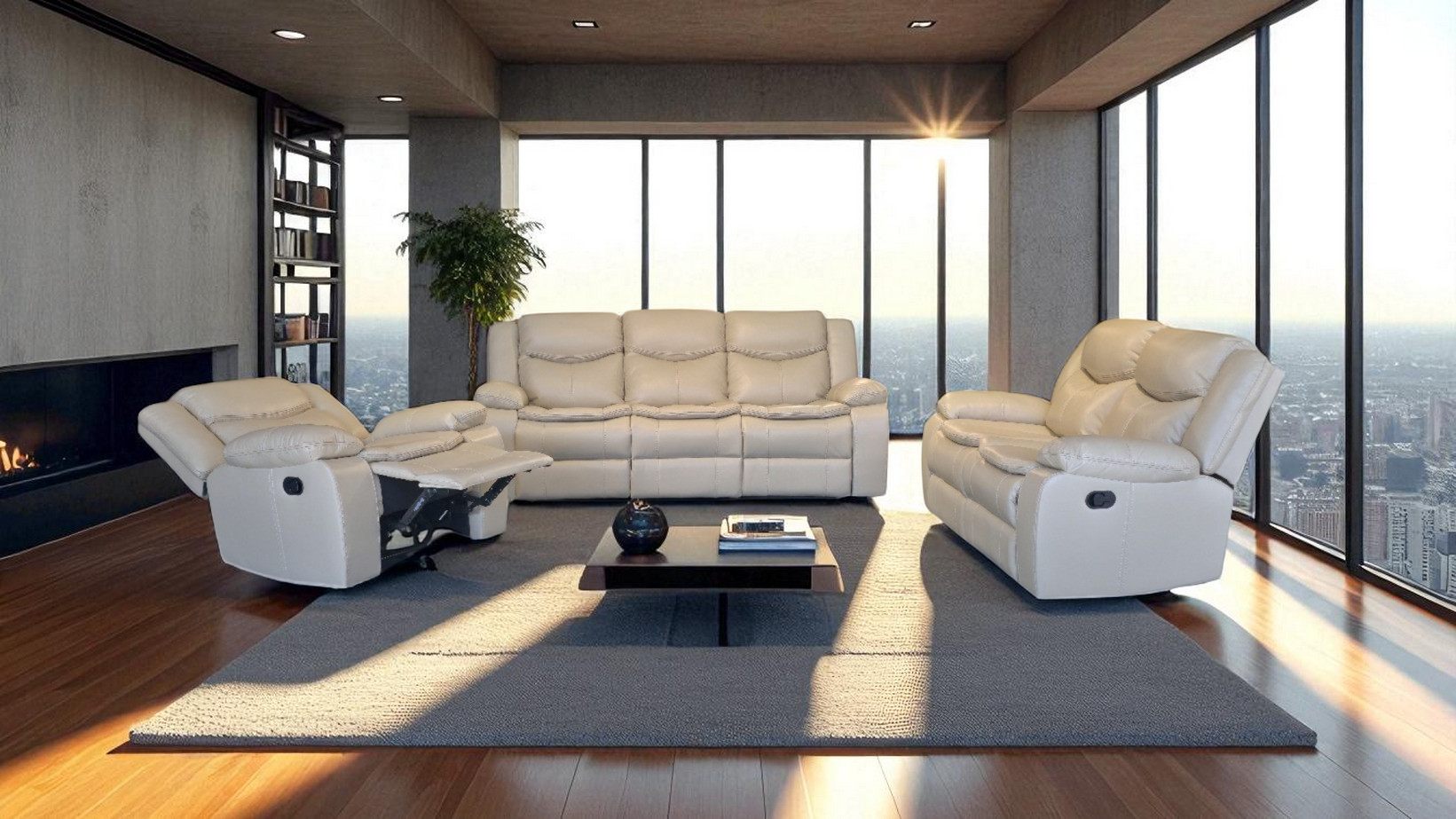 Glyde-X recliner lounge suite in biscuit, lifestyle setting