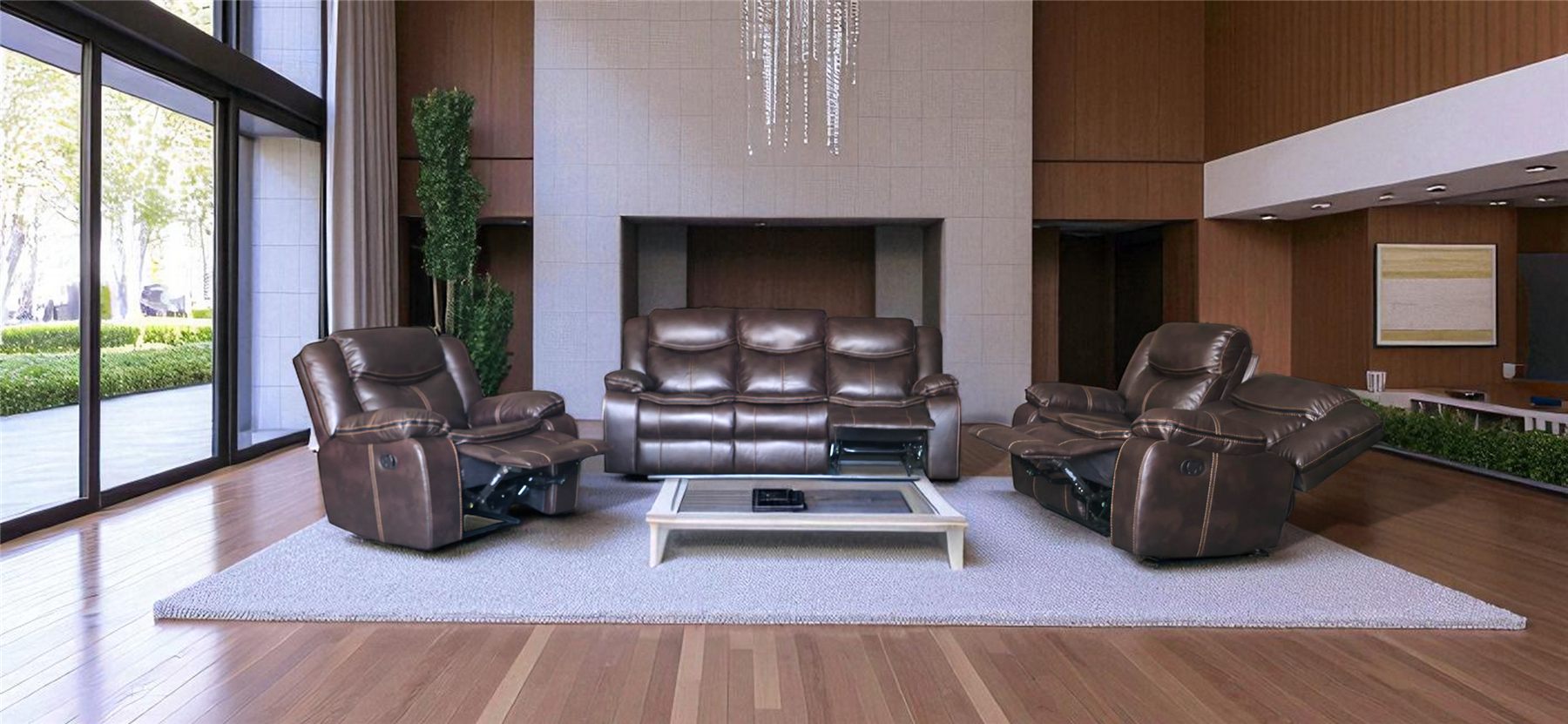Glyde-X recliner lounge suite in brown, lifestyle setting
