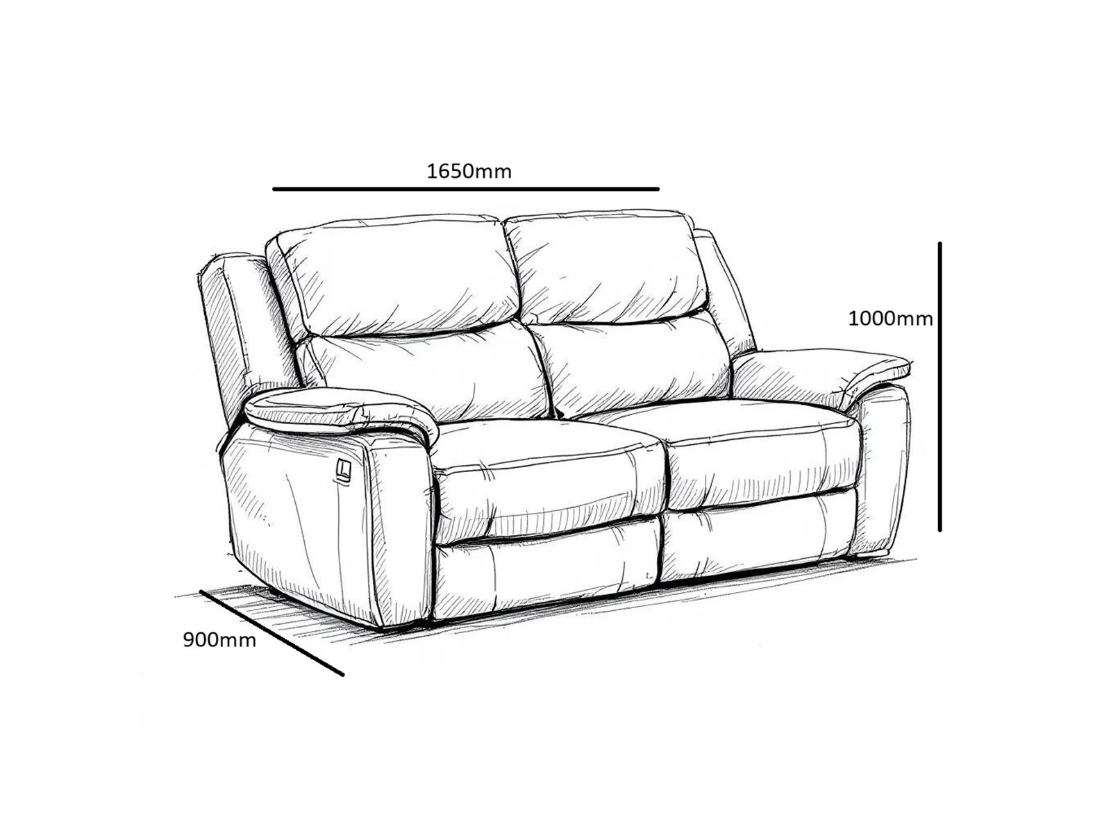 Cordoba 2 seater recliner dimensions: 1650mm wide, 900mm deep, 1000mm high