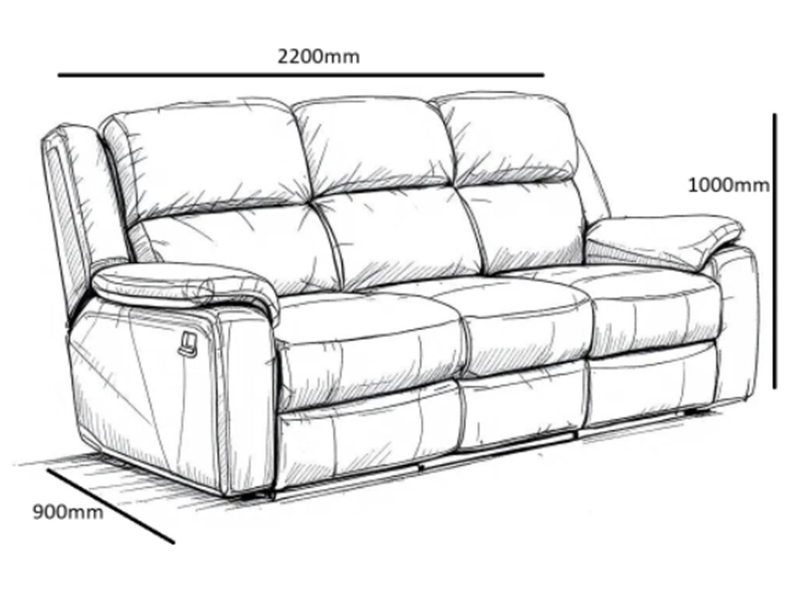 Cordoba 3 seater recliner dimensions: 2200mm wide, 900mm deep, 1000mm high