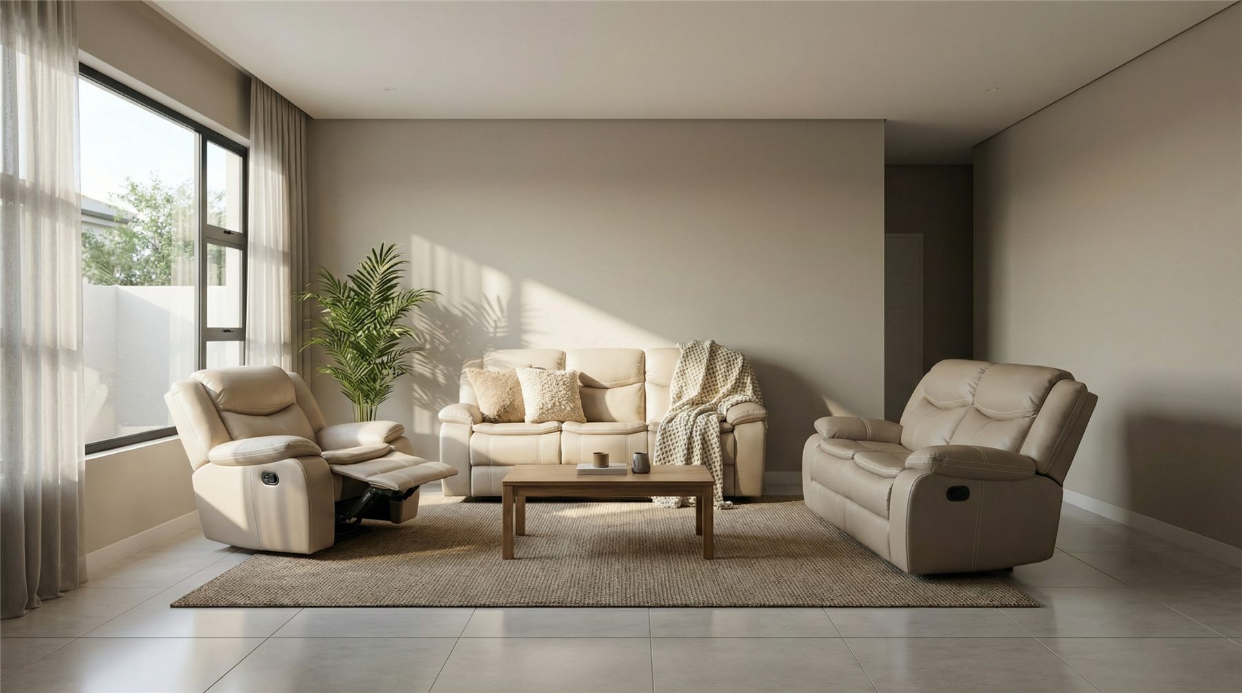 Cordoba 3 piece recliner lounge suite in beige air leather in a sunlit lounge