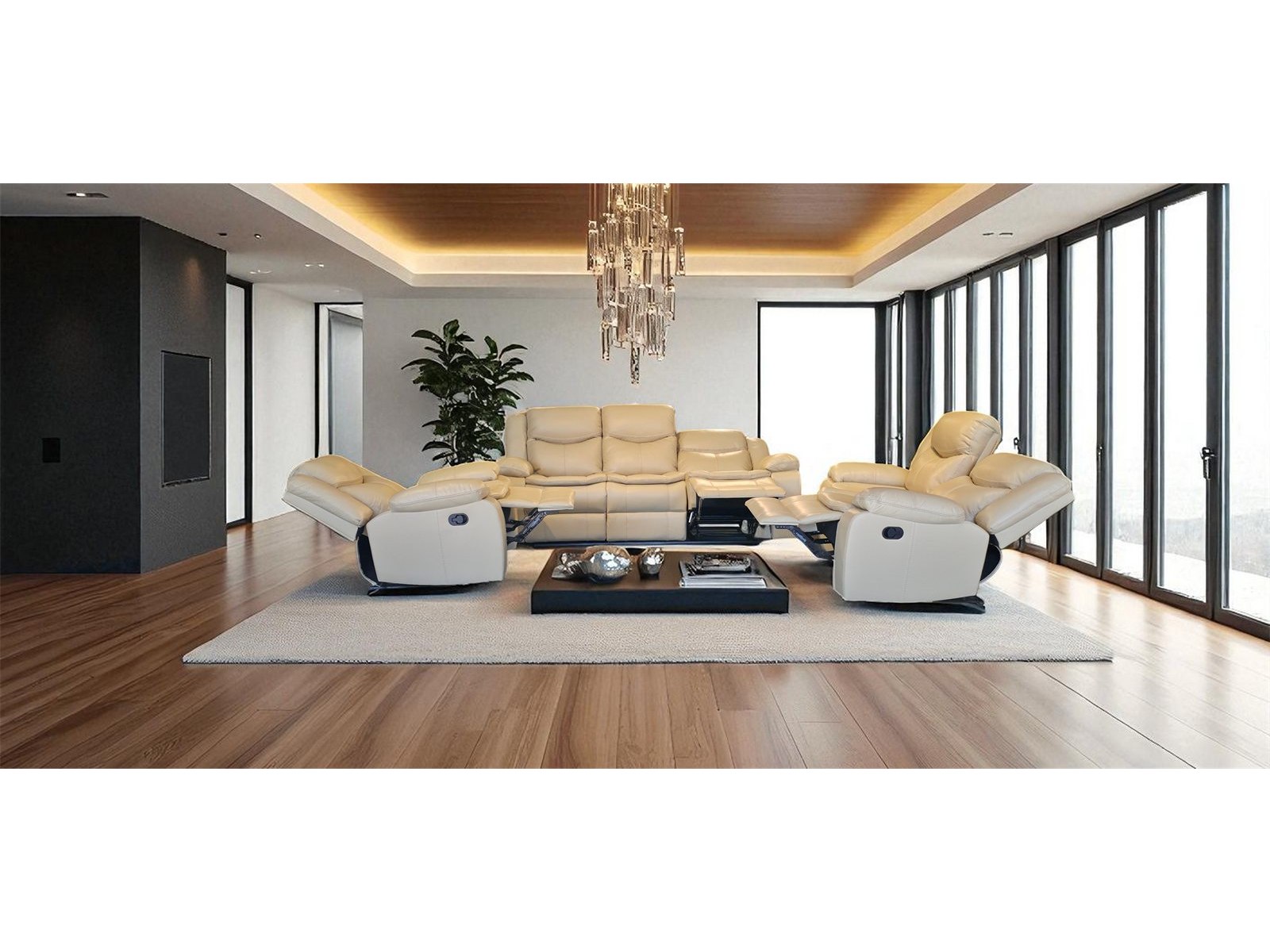 Cordoba 3 piece recliner lounge suite in biscuit air leather in a lounge setting