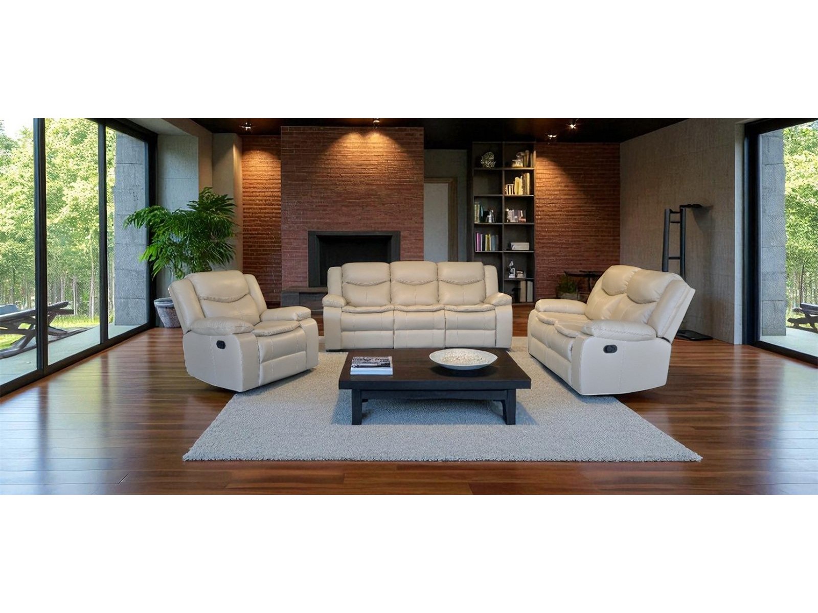 Cordoba 3 piece recliner lounge suite in biscuit air leather in a family lounge