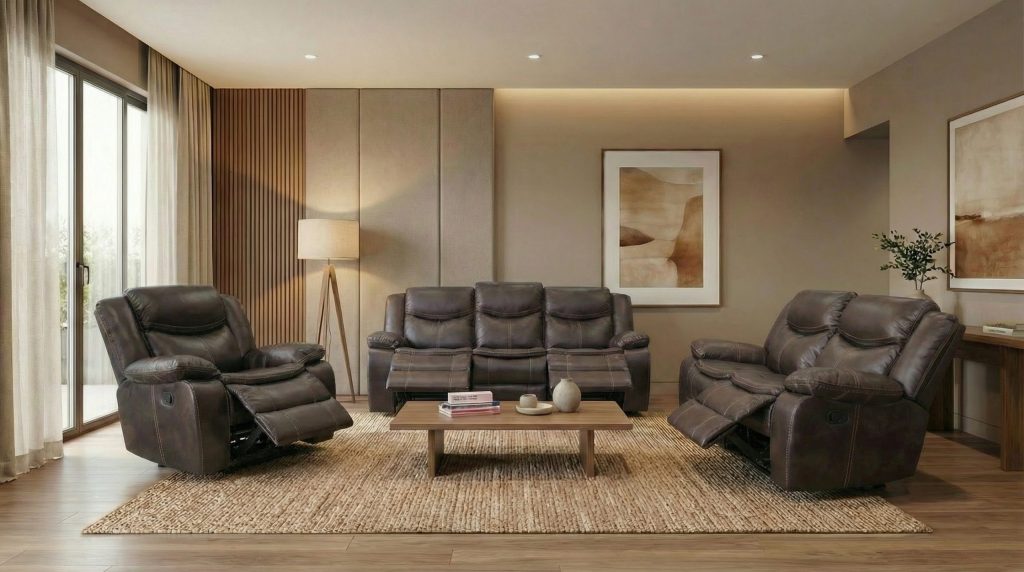 Cordoba 3 piece recliner lounge suite in brown air leather