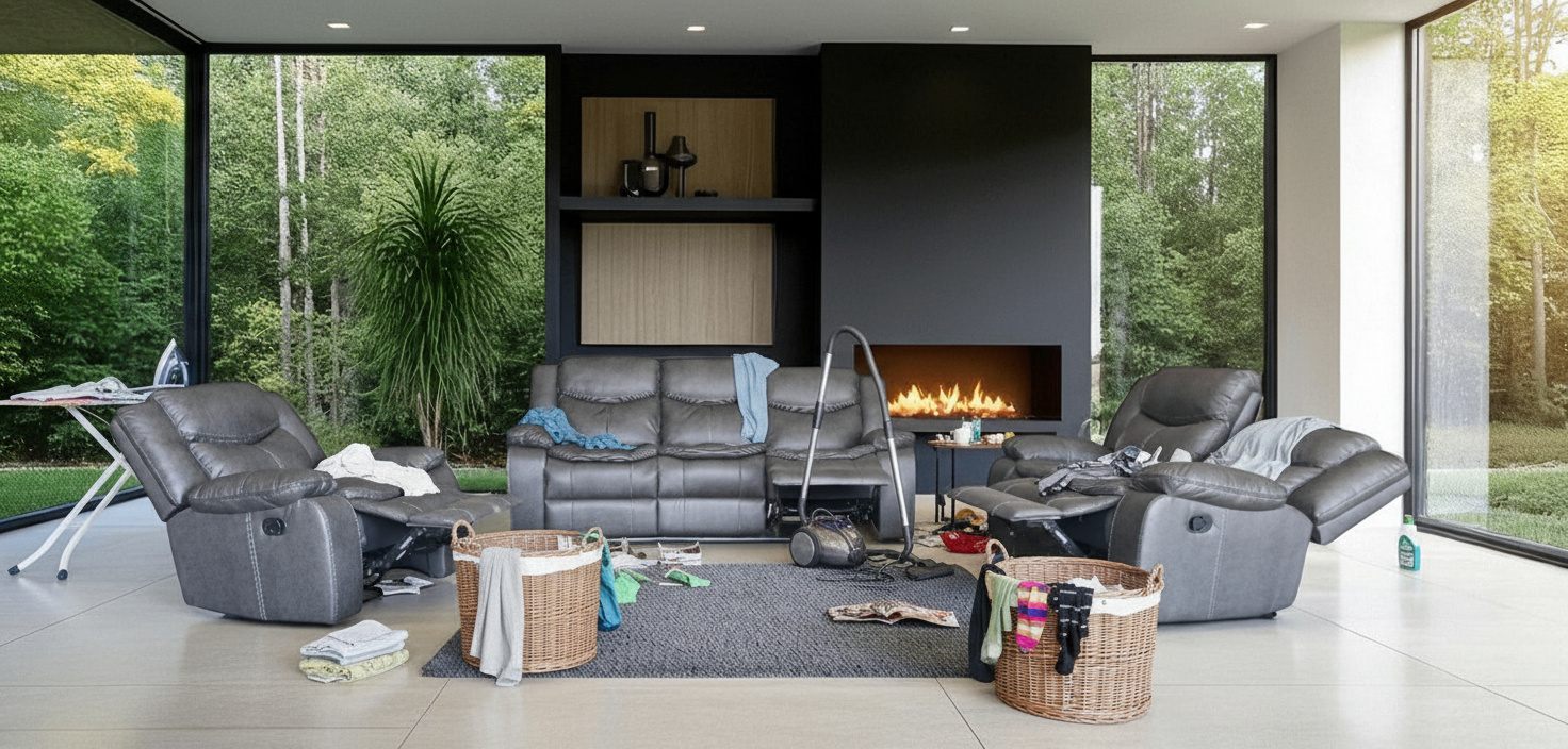 Cordoba 3 piece recliner lounge suite in grey air leather in a busy family home