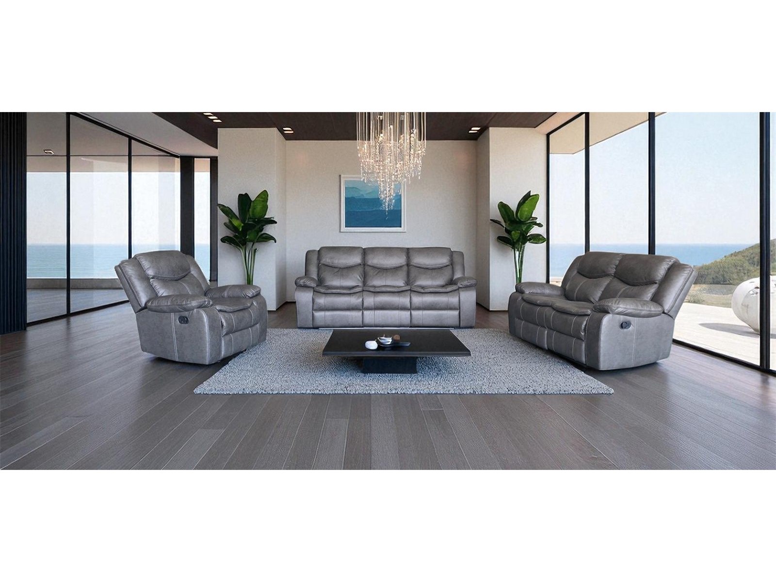 Cordoba 3 piece recliner lounge suite in grey air leather in a lounge setting