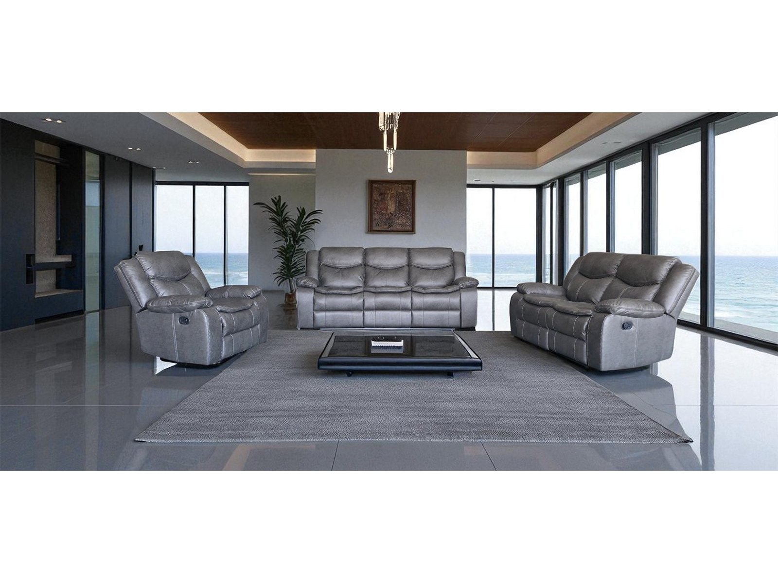 Cordoba 3 piece recliner lounge suite in grey air leather in a family lounge