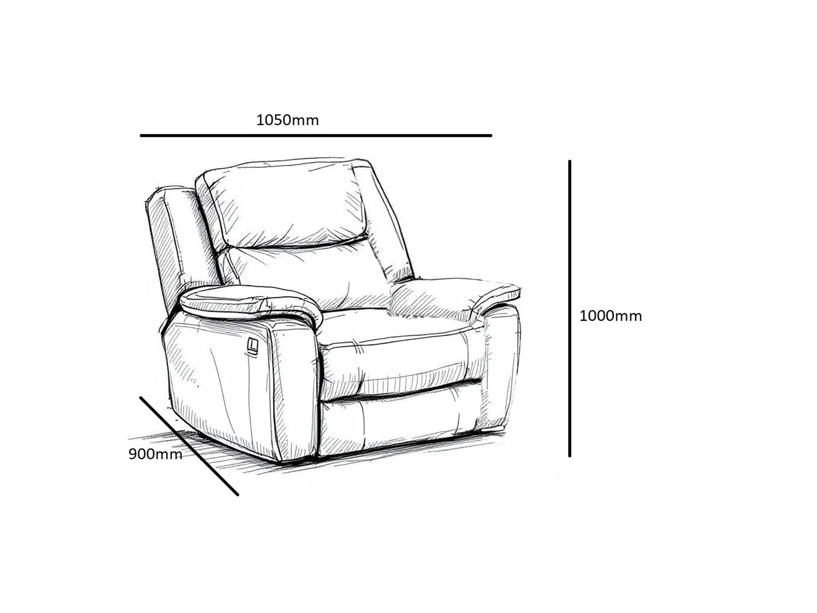Cordoba single recliner chair dimensions: 1050mm wide, 900mm deep, 1000mm high