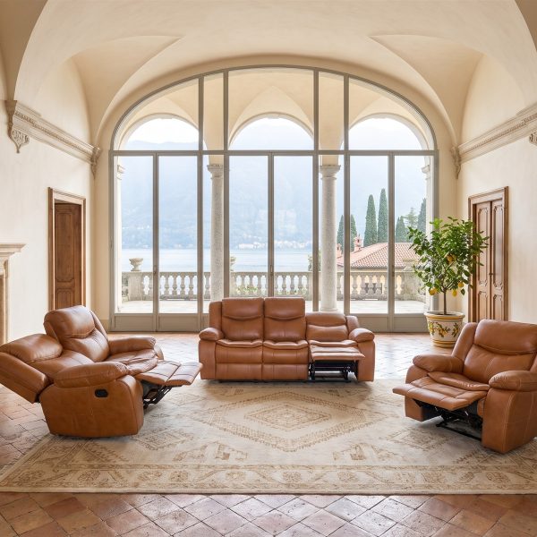 Cordoba recliner lounge suite in tan genuine leather with the recliners fully open
