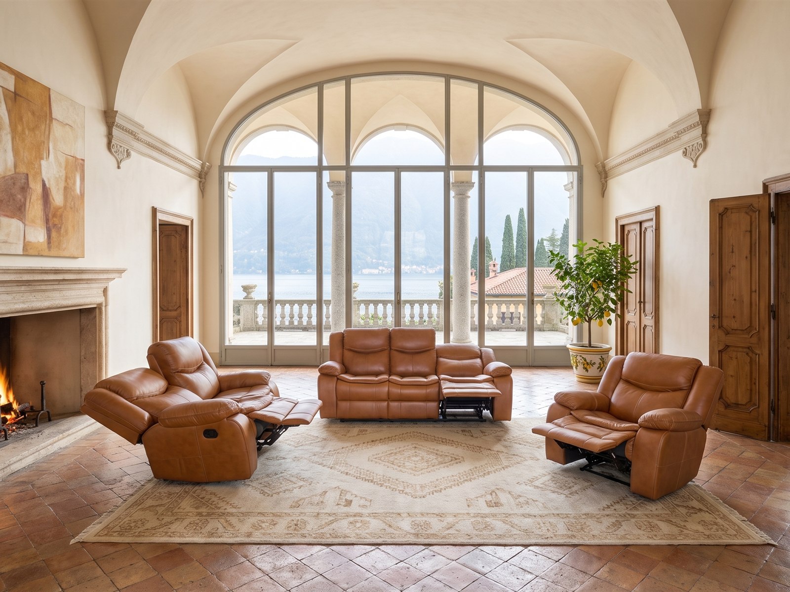 Cordoba recliner lounge suite in tan genuine leather with the recliners fully open